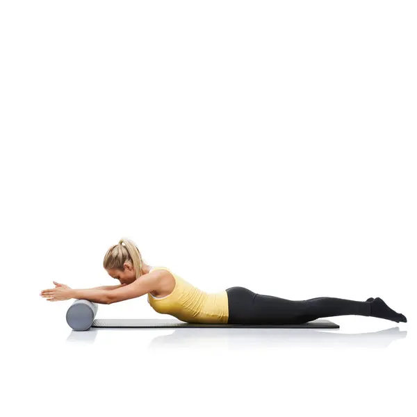 Fitness Foam Roller Vrouw Een Studio Voor Oefening Stretching Gym — Stockfoto