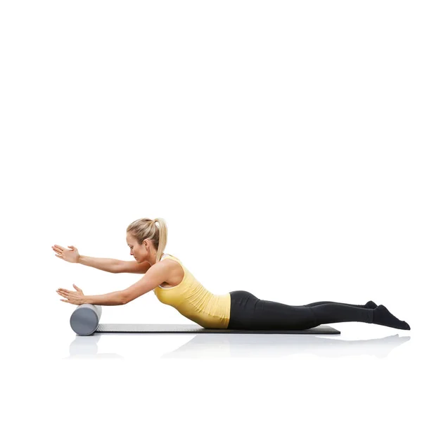 Pilates Foam Roller Och Kvinna Golv Träning Stretching Eller Gym — Stockfoto