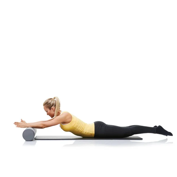 Pilates Skumroller Och Fitness Kvinna Golv Motion Stretching Eller Sport — Stockfoto