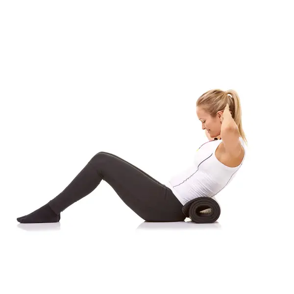 Donna Situp Allenamento Con Stuoia Studio Profilo Stretching Stomaco Fitness — Foto Stock