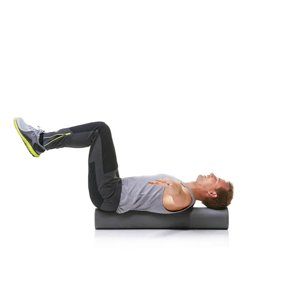 Exercício Equilíbrio Rolo Espuma Homem Pilates Treino Estabilidade Desempenho Resistência — Fotografia de Stock
