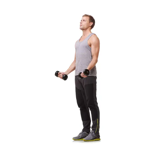 Fitness Bodybuilder Man Dumbbells Training Exercise Workout Body Wellness White — Stock Photo, Image