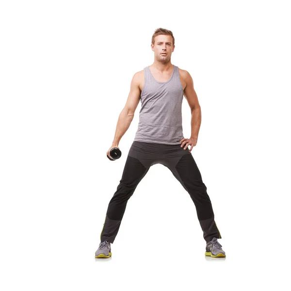 Portrait White Background Man Dumbbells Training Exercise Workout Body Fitness — Stock Photo, Image