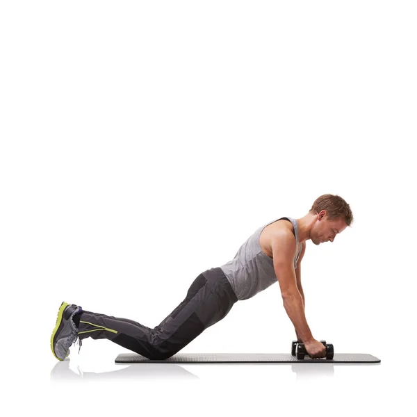 Push Knee Athlete Dumbbells Training Exercise Workout Fitness White Background — Stock Photo, Image