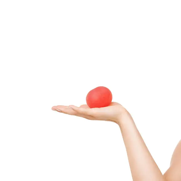 stock image Woman, hand and stress ball for anxiety, fitness or exercise against a white studio background. Closeup of female person or palm with round object for anger management, relief or tension on mockup.