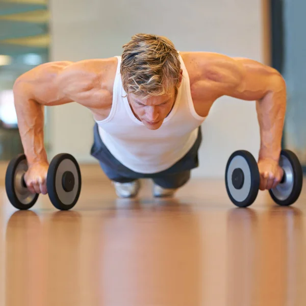 Man Gym Pushup Floor Dumbbells Workout Muscle Development Growth Results — Stock Photo, Image