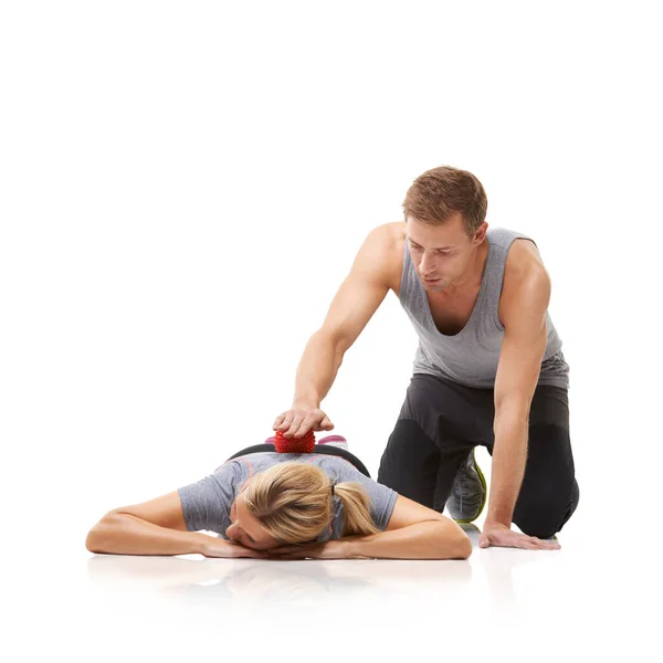 Massaggio Palla Schiena Fisioterapista Donna Con Una Donna Con Sport — Foto Stock