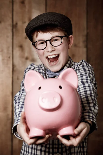 Jongen Spaarvarken Bank Blij Portret Voor Opgewonden Geld Besparen Cash — Stockfoto