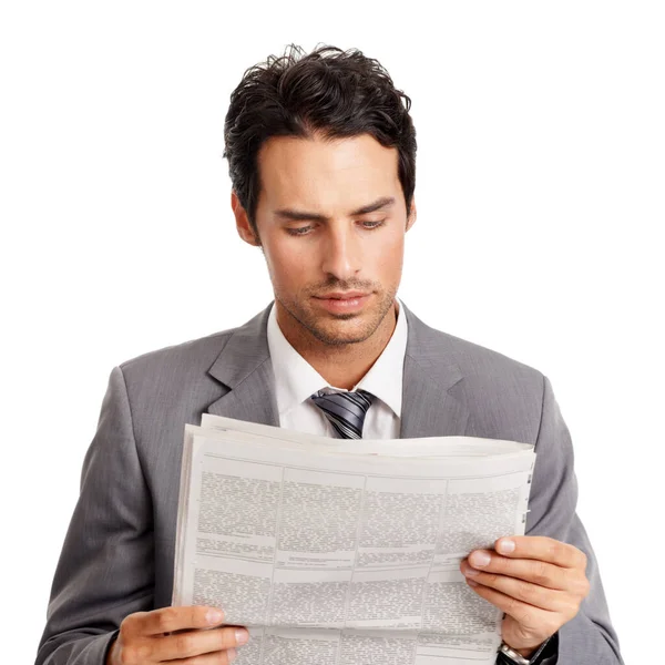Business Man Information Reading Newspaper Studio Headlines Newsletter Current Events — Stock Photo, Image