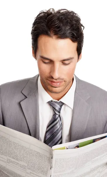 Business Man Relaxing Reading Newspaper Studio Headlines Information Current Events — Stock Photo, Image