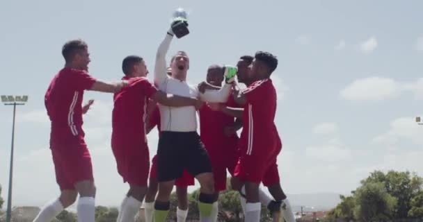 Ποδόσφαιρο Νικητής Και Άνδρες Τρόπαιο Για Γιορτή Στο Γήπεδο Για — Αρχείο Βίντεο