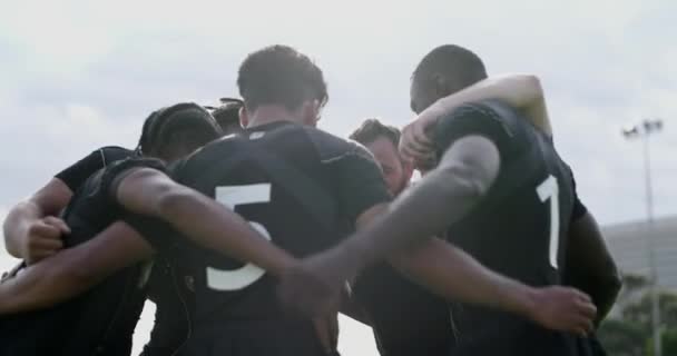 Rugby Deporte Equipo Reúnen Terreno Juego Juntos Compromiso Del Juego — Vídeos de Stock