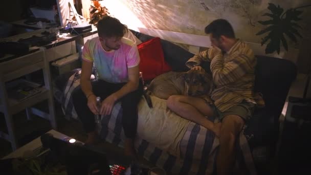 Dostum Arkadaşlarım Gece Açık Verandada Köpekle Oynamak Eğlence Yayın Için — Stok video
