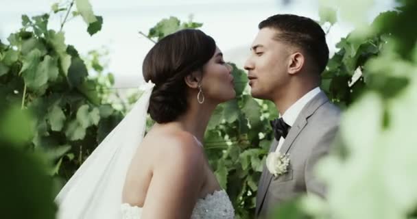 Homem Mulher Beijo Casamento Árvores Para Evento Casamento Celebração Jardim — Vídeo de Stock