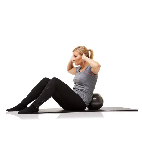 Exercise Ball Fitness Woman Health Stretching Wellness Isolated White Studio — Stock Photo, Image
