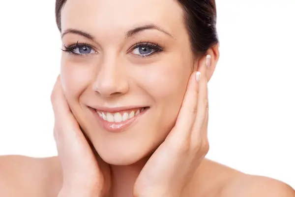 Woman Skincare Hands Studio Portrait Smile Natural Change Wellness White Stock Picture