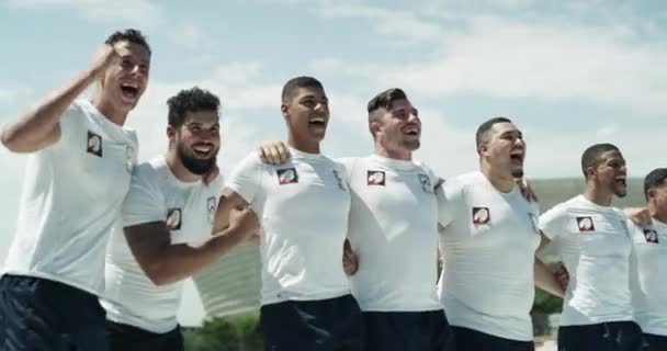 Rugby Equipo Aplausos Lanzamiento Fuerte Compromiso Juego Colaboración Jugadores Campo — Vídeos de Stock