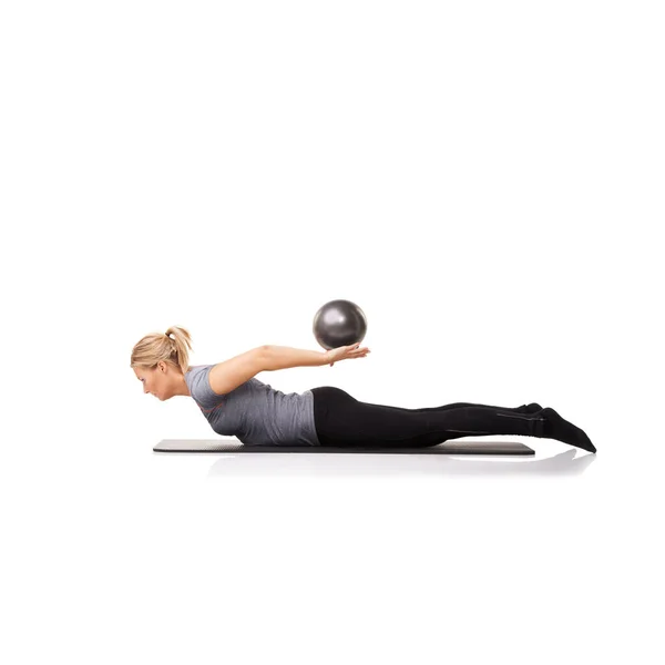 Träningsarmar Pilates Eller Kvinna Bollen Motion Stretching Eller Kropp Hälsa — Stockfoto
