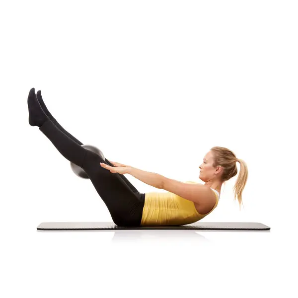 Exercise Ball Training Woman Workout Stretching Wellness Isolated White Studio — Stock Photo, Image