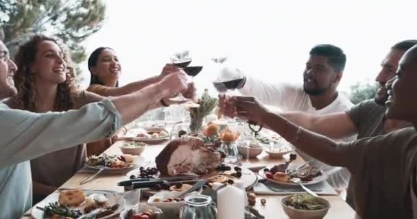 Amigos Vinho Tinto Brinde Para Celebração Férias Almoço Natal Sucesso — Vídeo de Stock