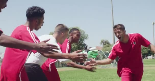 Voetbal Team Speler Met Handen Voor Viering Het Veld Voor — Stockvideo