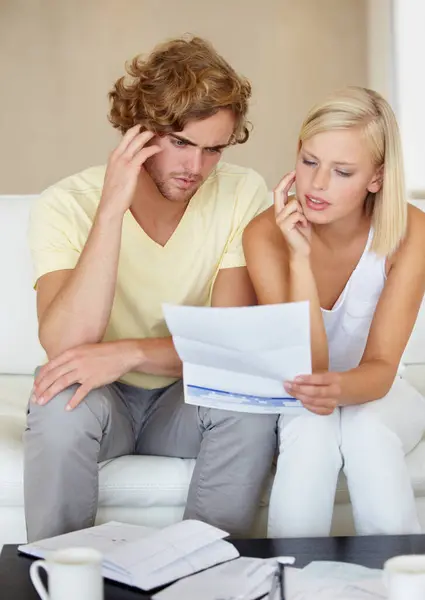 Couple Stress Bills Thinking Documents Sofa Debt Financial Planning Budget — Stock Photo, Image