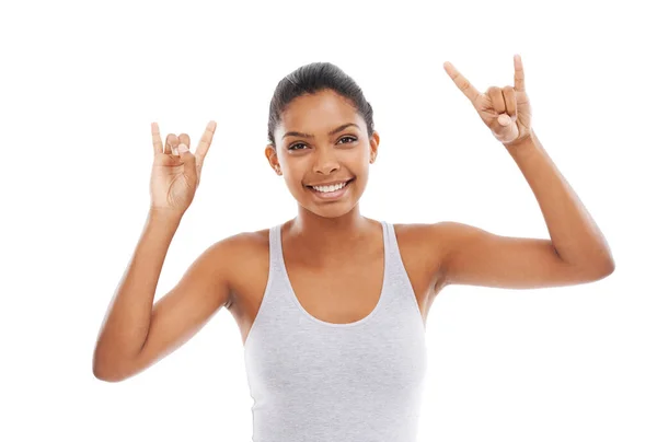 Vzrušená Žena Portrét Rockové Ruce Fitness Zdraví Wellness Bílém Pozadí — Stock fotografie