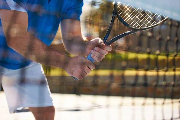 Tennis Match Fitness Och Händer Naturen Konkurrens Och Man Spelar — Stockfoto