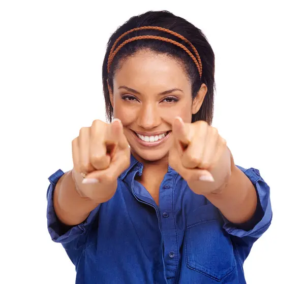 Portrait Smile Woman Pointing You Choice Decision Promotion Winner Selection — Stock Photo, Image