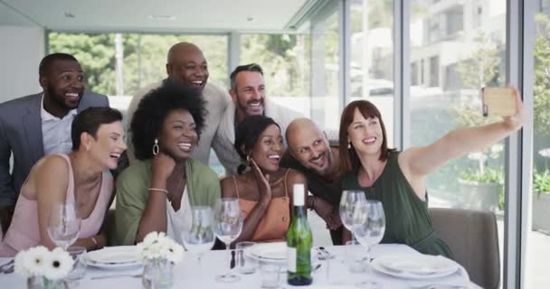 Pessoas Negócios Diversidade Selfie Engraçado Restaurante Trabalho Equipe Colaboração Escritório — Vídeo de Stock