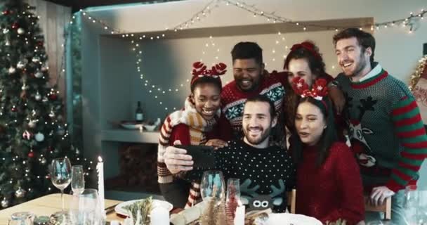 Amigos Videochamada Festa Natal Mídia Social Vivo Celebração Casa Com — Vídeo de Stock