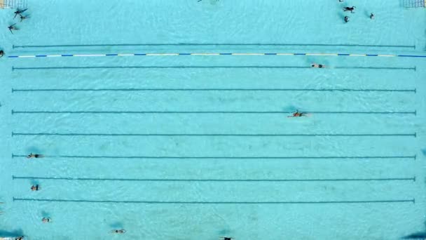 游泳池和无人驾驶飞机上的人都在游泳 以进行有氧运动 锻炼和健身 在健身房锻炼的蓝光 水景和空中景观 或度假和度假时的活动 包括浮游 划水和活动 — 图库视频影像