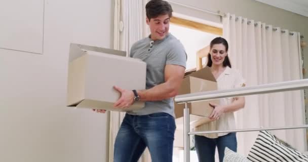 Happy Couple Moving New Home Boxes Excitement Mortgage Property Investment — Stock Video