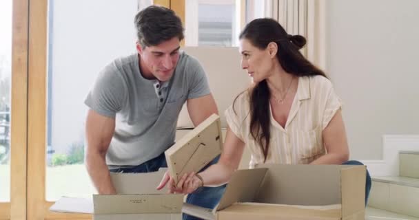 Happy Couple Boxes Unpacking New Home Smile Excitement Mortgage Property — Stock Video