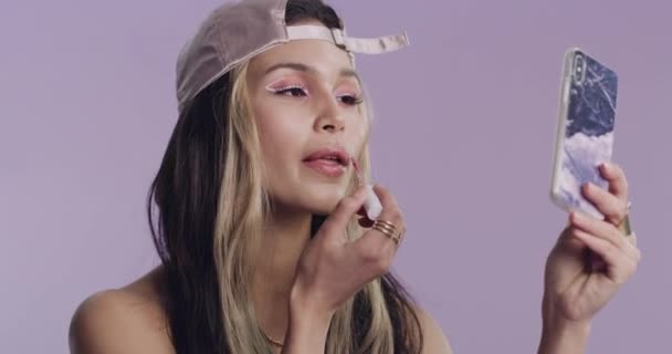 Phone Woman Lipstick Application Studio Makeup Cosmetics Shine Purple Background — Stock Video