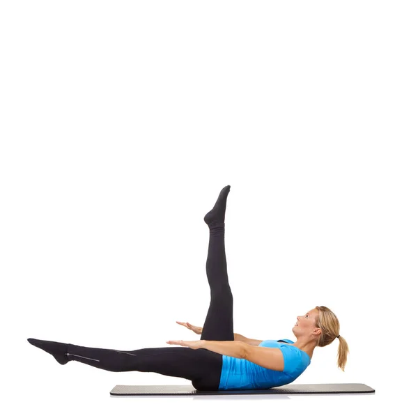 Kvinna Pilates Och Matta Studio För Stretching Träning Eller Fitness — Stockfoto