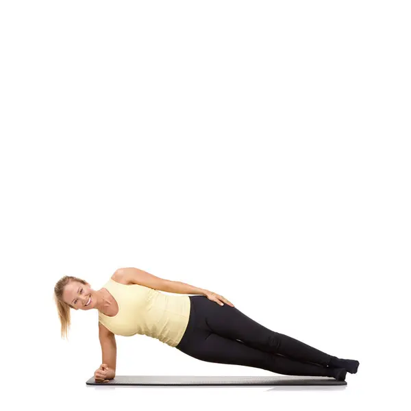 Woman Yoga Mat Studio Side Plank Fitness Workout Healthy Body — Stock Photo, Image