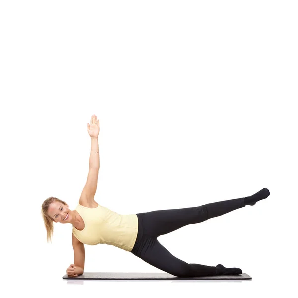Femme Yoga Tapis Studio Pour Planche Latérale Fitness Entraînement Pour — Photo