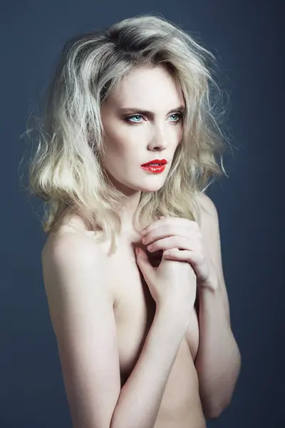 Beauty Nude Woman Blue Background Makeup Cosmetics Red Lipstick Studio — Stock Photo, Image