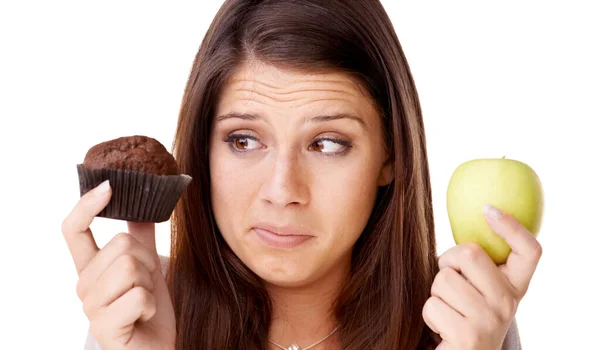 Ansikte Beslut Och Äpple Eller Muffin Med Kvinna Studio Isolerad — Stockfoto