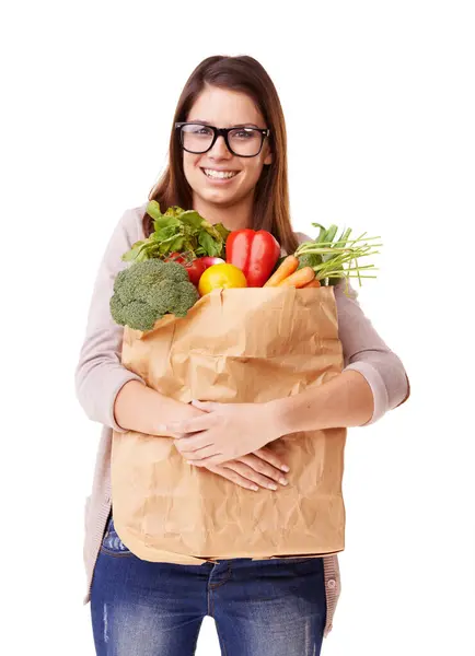 Portrait Vegetables Woman Brown Bag Vegan Girl Isolated White Studio — Stock Photo, Image