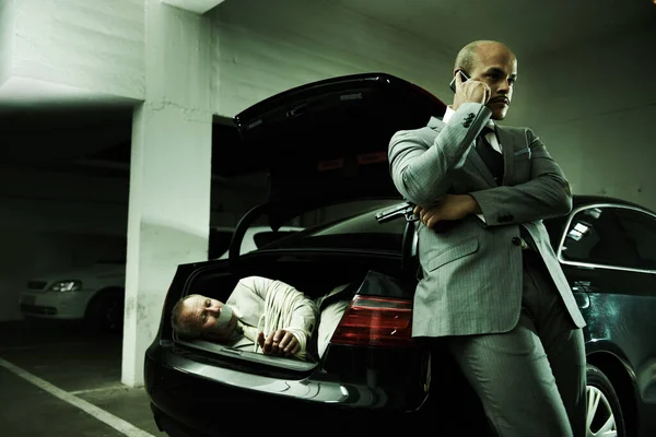 Telefon Okup Człowiek Zakładnikiem Samochodzie Negocjacje Porwanie Niebezpieczeństwa Przestępstwo Mafia — Zdjęcie stockowe