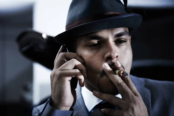 Gangster Phone Call Mafia Danger Crime Planning Ransom Abduction Interrogation — Stock Photo, Image