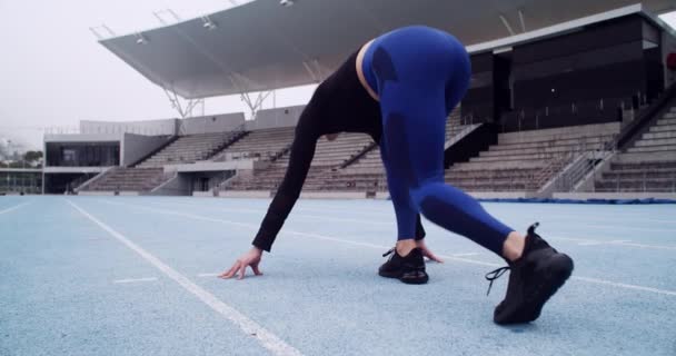 Mujer Línea Salida Carrera Estadio Para Deportes Acción Velocidad Arena — Vídeos de Stock