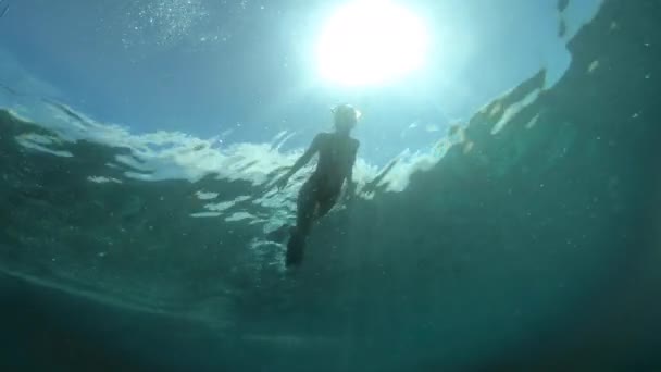 Dykning Simning Och Kvinna Dykare Havet För Äventyr Semester Och — Stockvideo
