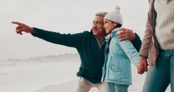 Familie Zeigen Und Mädchen Mit Großeltern Strand Mit Sonnenuntergang Urlaub — Stockvideo