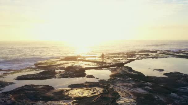Человек Скалы Закат Океаном Дрон Путешествия Свободой Праздник Побег Природа — стоковое видео