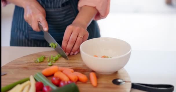 Grönsakskniv Händer Och Matlagning Person Skära Selleri Ingredienser Och Måltid — Stockvideo
