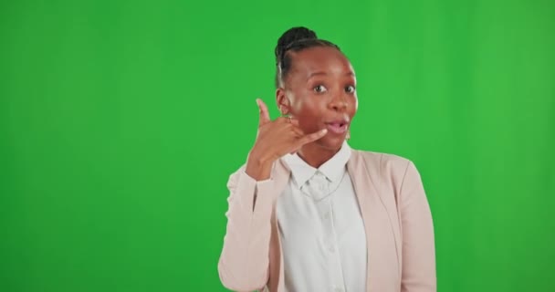 Gesicht Schwarze Frau Und Anruf Mit Grünem Bildschirm Schild Und — Stockvideo