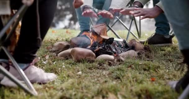 Api Unggun Teman Teman Dan Tangan Hangat Luar Untuk Bersenang — Stok Video